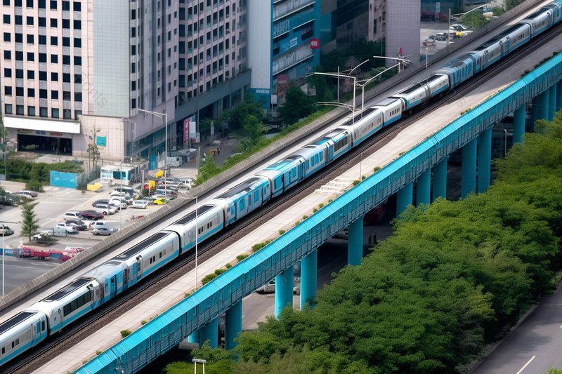轻轨驶过城市商圈绿化和周围的建筑,高清,摄影图,摄影图片,图片大全,摄影图免费下载
